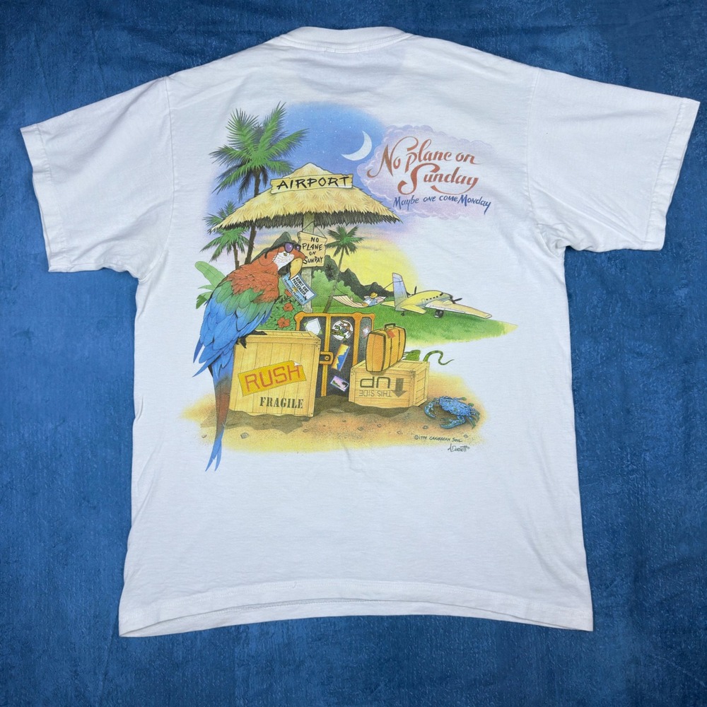 Vintage Caribbean Soul No Plane on Sunday T-Shirt White Large A Dossett Parrot